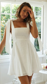 Kamila Cotton Linen Tie Strap Babydoll Dress - White Ins Street